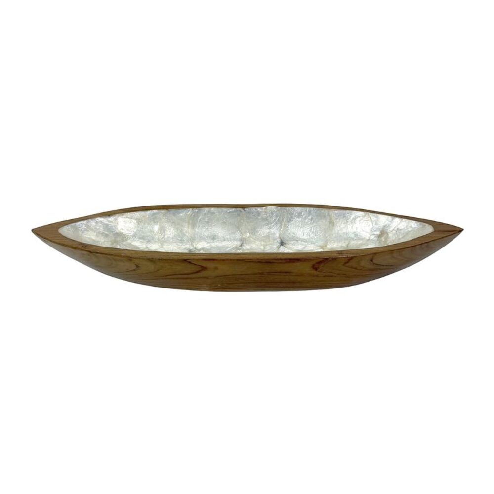 Decorative Boat Bowl White Capiz Shell Teak Wood 24 Inch Coastal Centerpiece